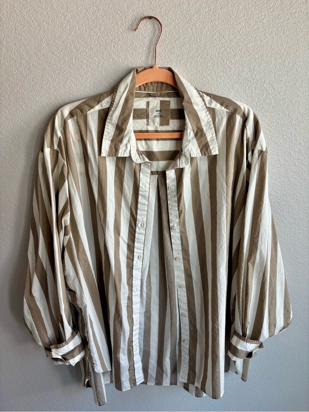 Aerie Oversized Ivory and Beige Vertical Stripe Button-Down Shirt - Picture 2 of 6